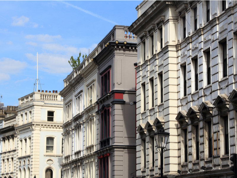 Great Russell Street in West London near the TUC Congress house, in the bright sunshine.