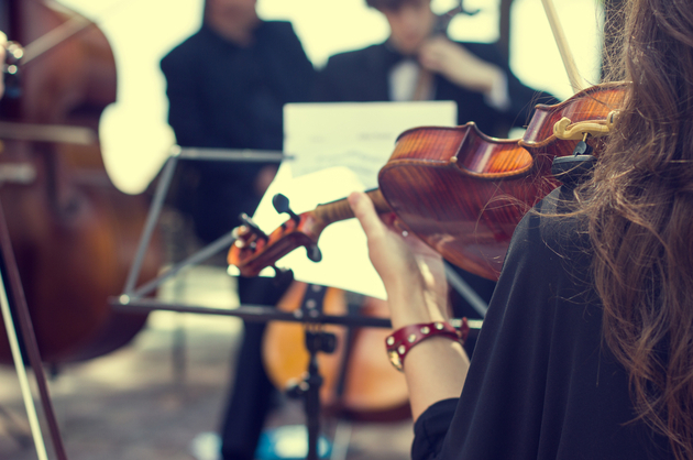 Back view of a woman playing violin reading sheet music, the background and rest of the orchestra are out of focus