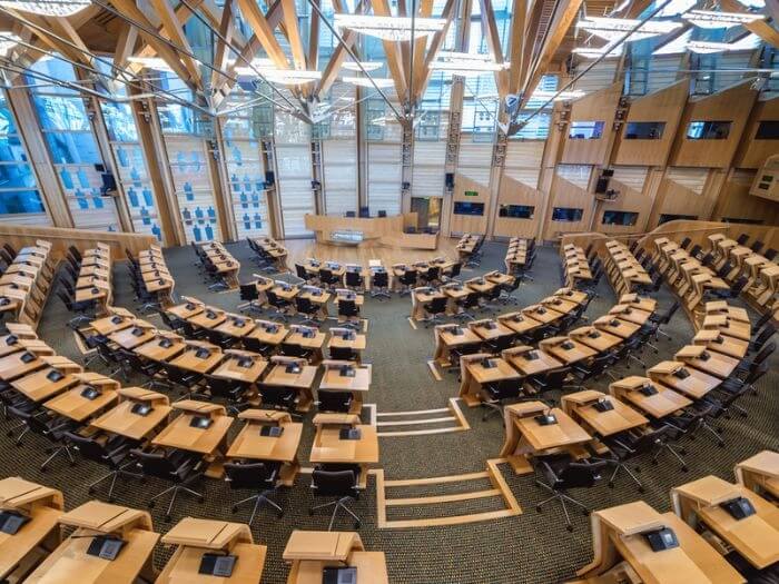 Interior of the Scottish Parliament Building in Edinburgh, Scotland.
